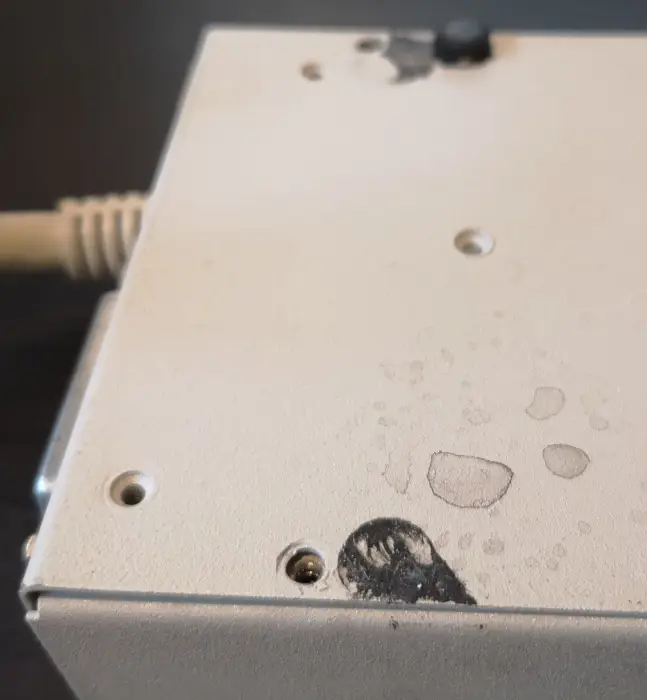 close up of rear underside of an external 3.5" floppy drive for the Commodore Amiga